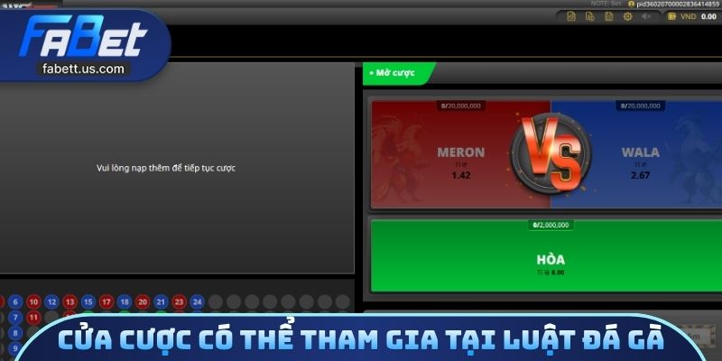 Cửa cược có thể tham gia tại luật đá gà
