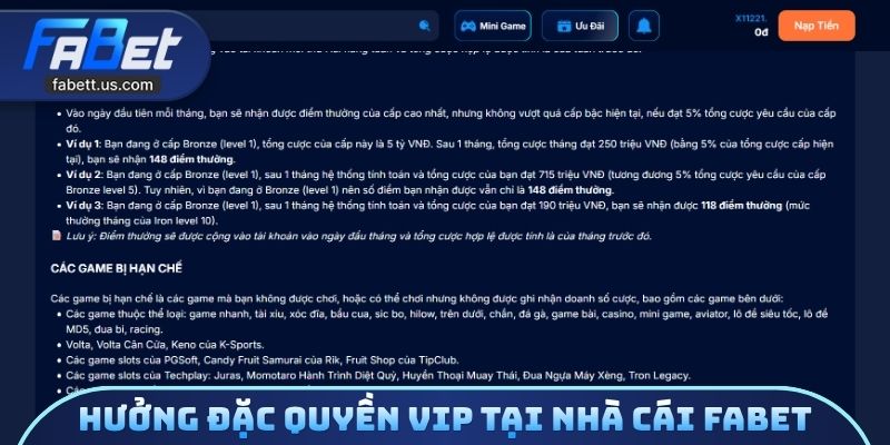 Hưởng đặc quyền Vip tại nhà cái FABET